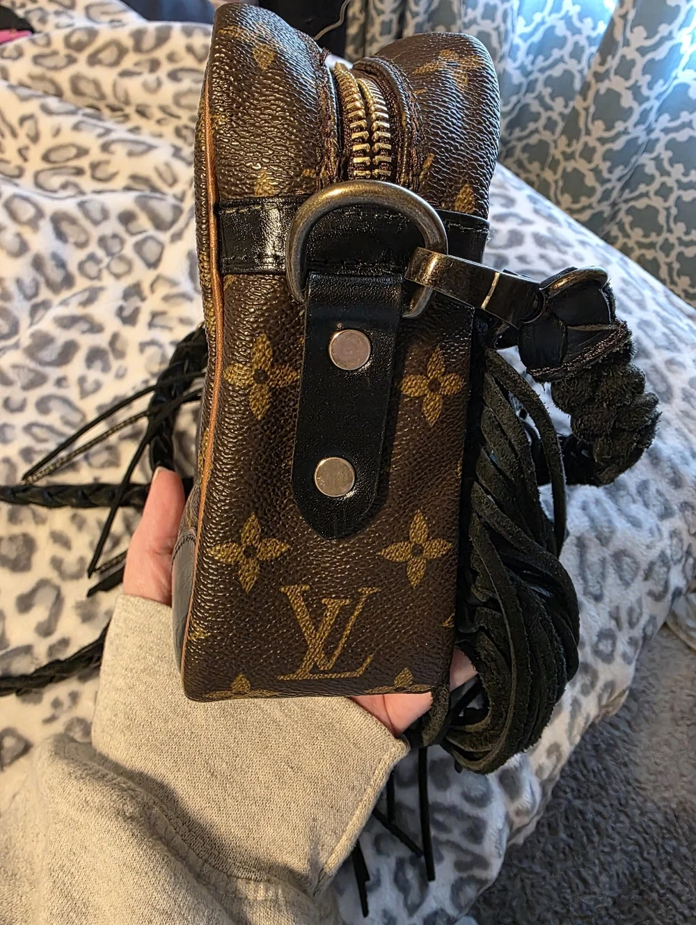 Vintage Boho Bag Monogram Fringe Crossbody with Black Strap - Picture 4 of 10